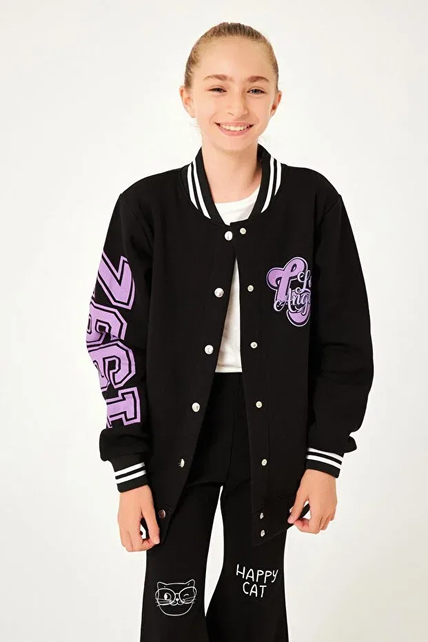 Детская куртка для девочек с принтом 1992 Print Detailed Girl's College Jacket Perendi, Black — фото 2