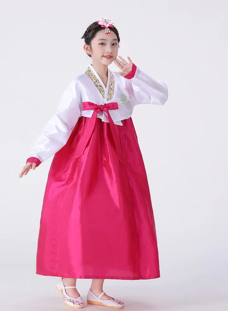 Костюм ханбок с шелковой юбкой комплект Korean girls kids hanbok Al Aoyama, белый с розовым — фото 4