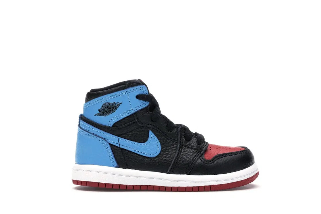 Детские кроссовки Lifestyle с кожаным верхом Jordan 1 Retro High NC to Chi Leather TD Jordan, Black/Dark Powder Blue-Gym Red
