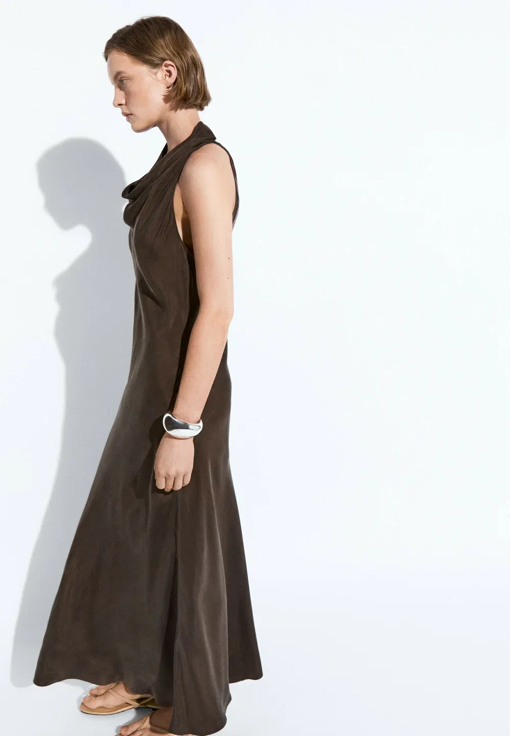 Длинное платье с драпированным вырезом - для особых случаев Massimo Dutti, Dark Brown — фото 3