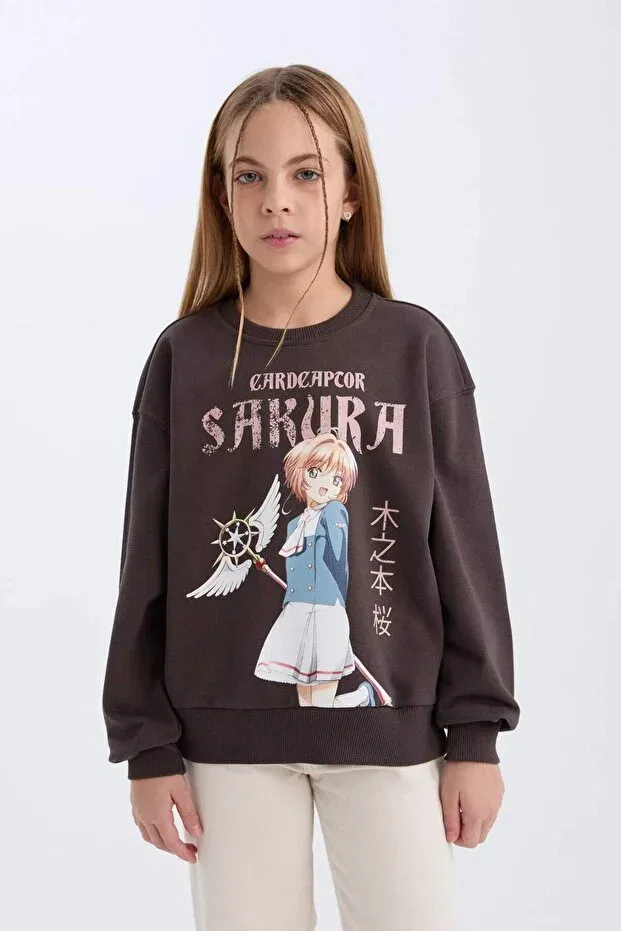 Детские свитшот для девочек оверсайз с принтом Sakura Oversize Wide Fit Crew Neck Defacto, Anthracite-Ar227
