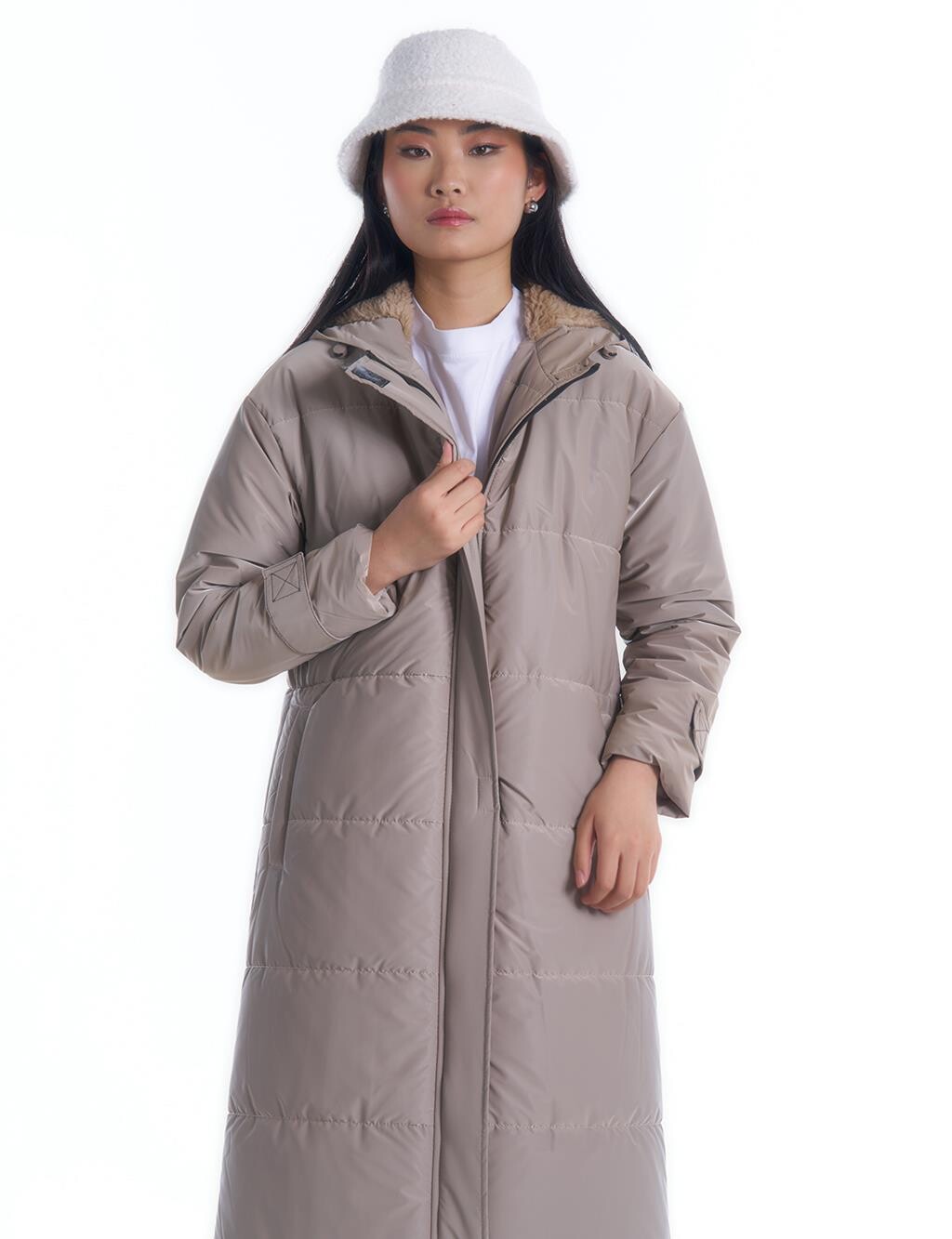 

Кремовое пальто с детальным рисунком Pati Hidden Hood Kayra