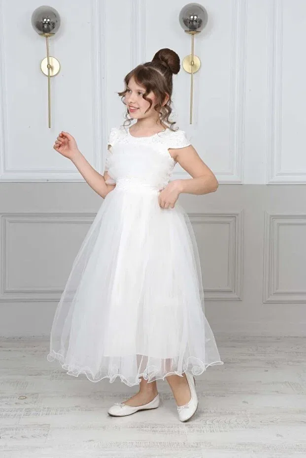 Детское платье для девочек кружевное с принтом Fmnbutik, White — фото 3