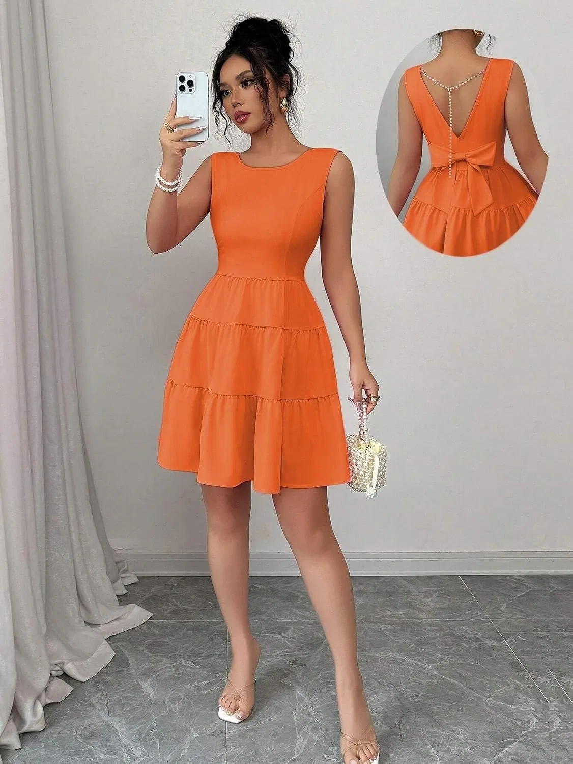 Женское повседневное платье мини с рюшами A-силуэта, Orange — фото 2