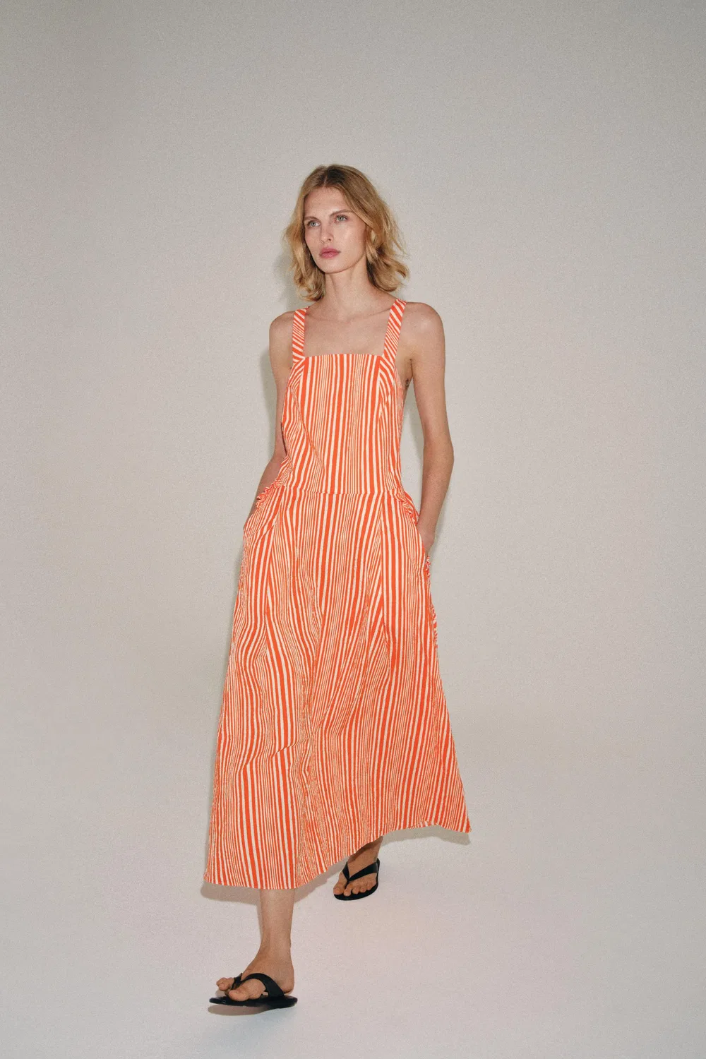 Полосатое миди-платье из коллекции ZW ZARA, Orange