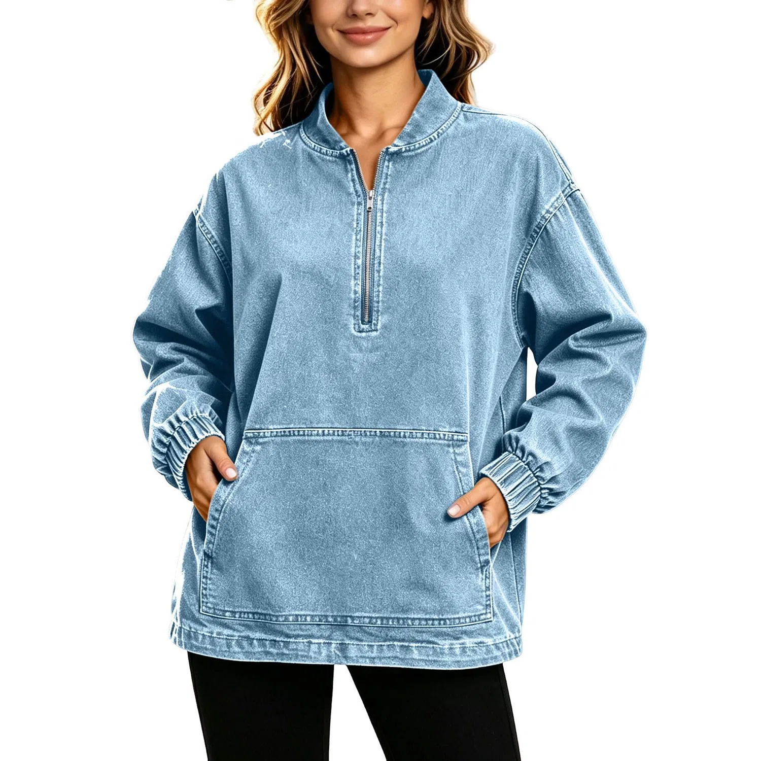 Женская джинсовая куртка с принтом UK 1/4 Zip Up Jean Trucker, Azzurro 1