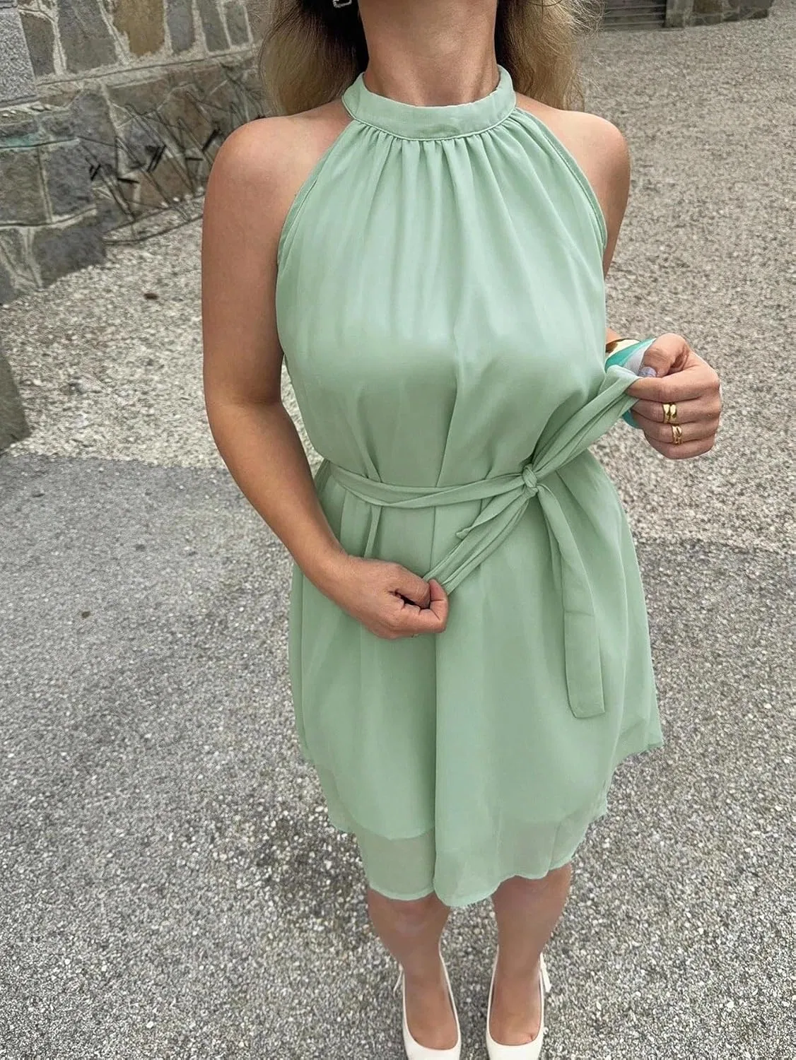 Женское повседневное платье А-силуэта на пуговицах без рукавов, Mint Green — фото 4