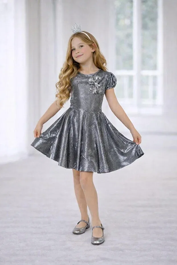 Детское платье для девочек с коротким рукавом с принтом Girl'S dress with bow gold silver birthday show outfit Ms Kids, Silver