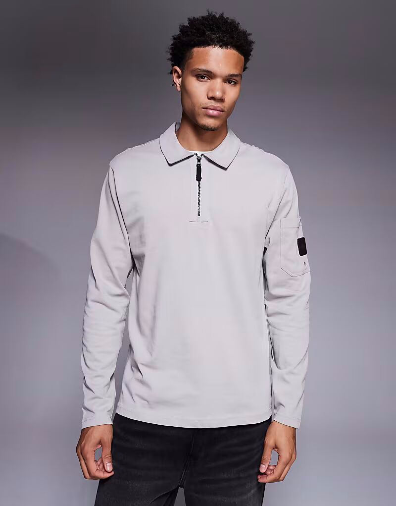 

Поло с застежкой на молнии и карманом светло-серого цвета River Island, Серый, Поло с застежкой на молнии и карманом светло-серого цвета River Island