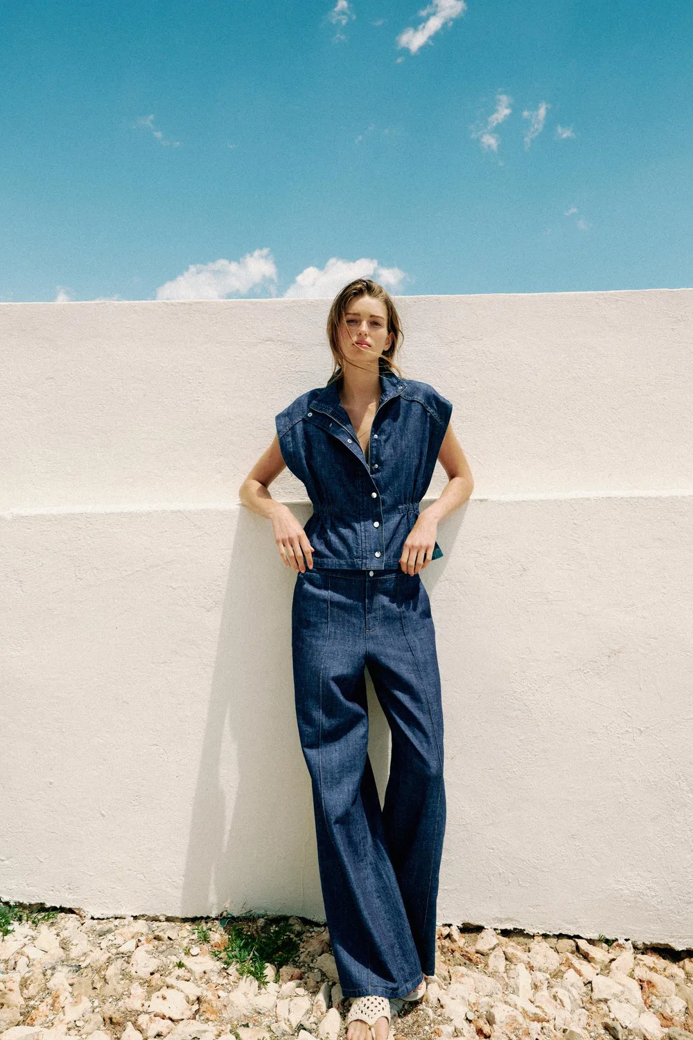 Жилет с эластичным поясом из льна ZARA, Indigo
