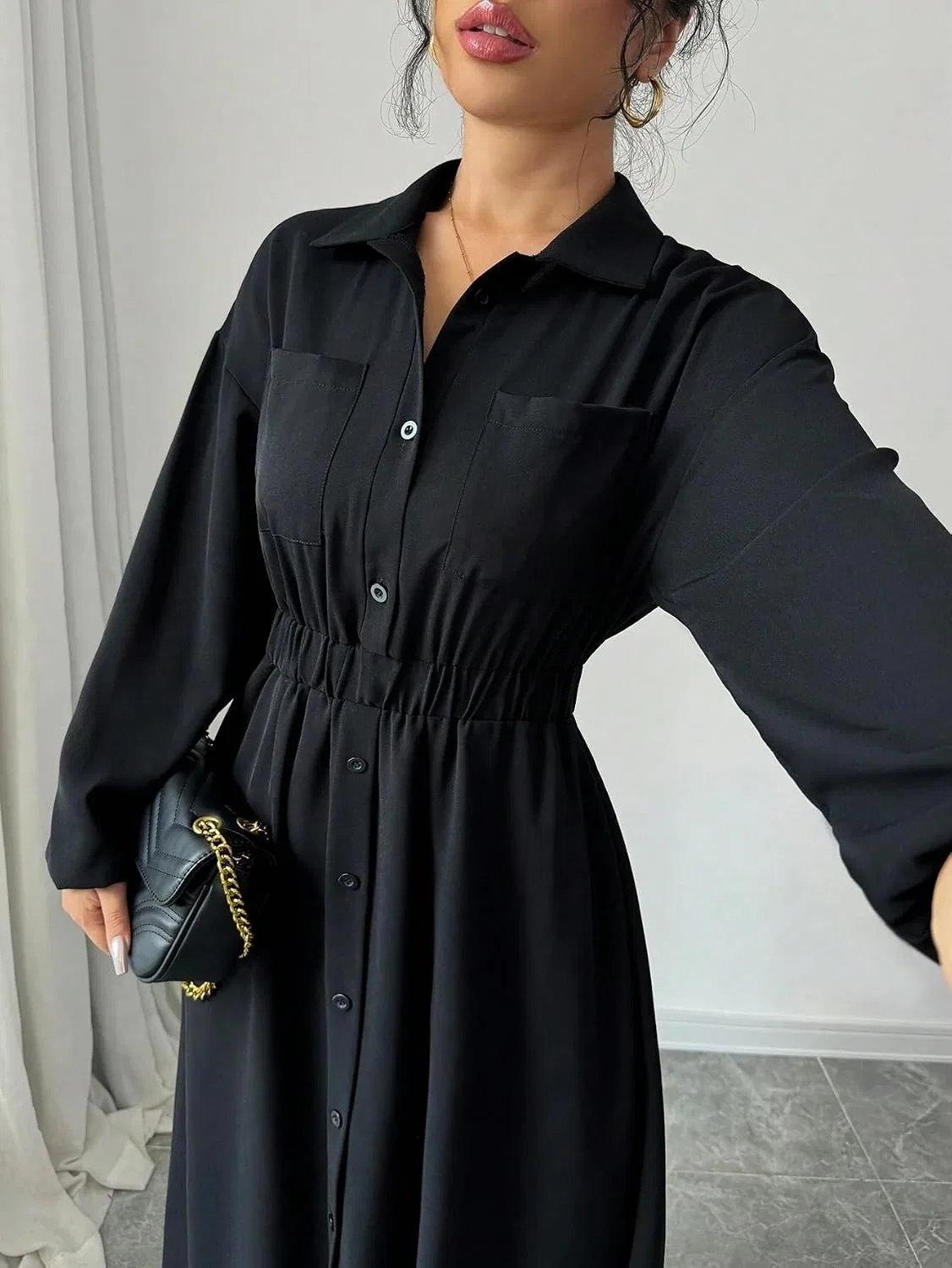 Женское платье-рубашка свободного кроя с длинным рукавом, Black — фото 4
