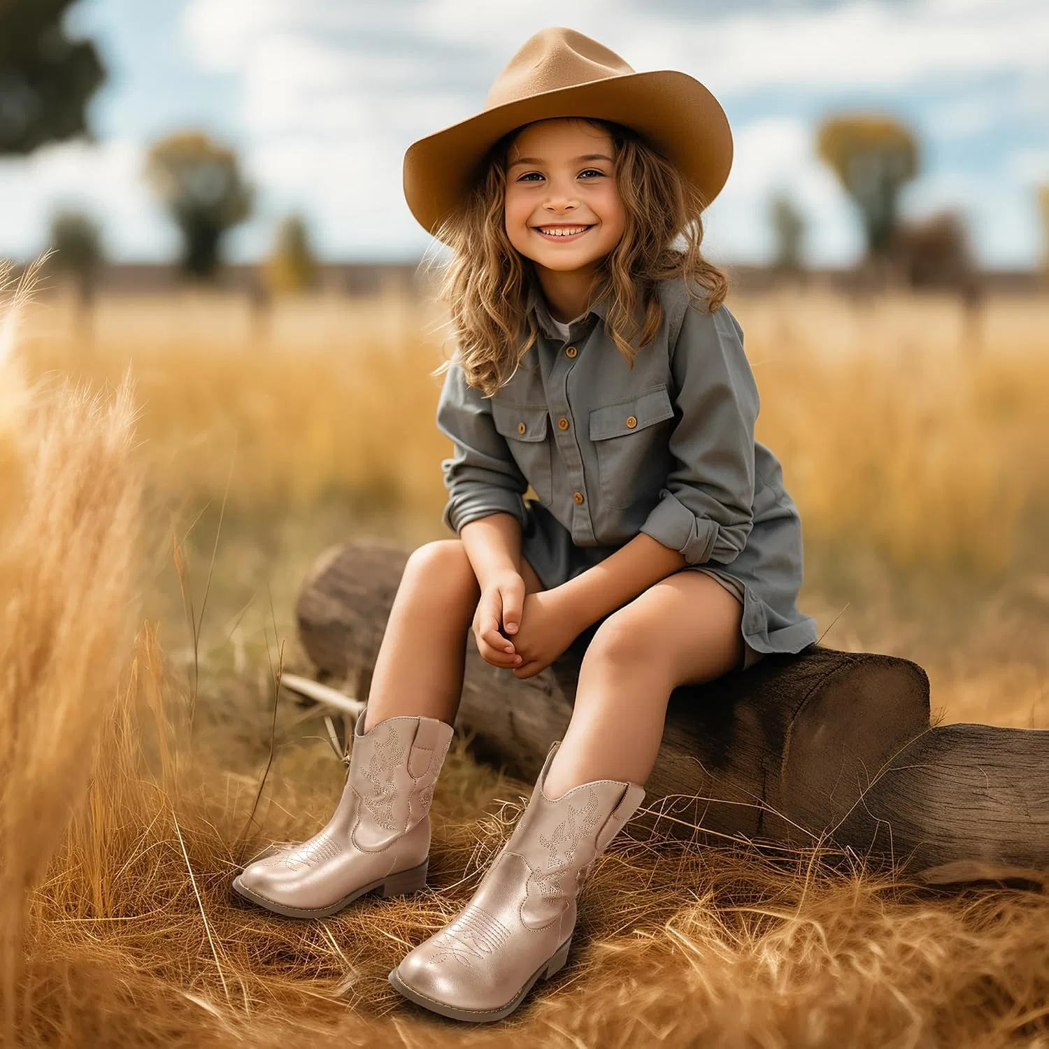 Детские сапоги для девочек с вышивкой Cowgirl Boots PANDANINJIA, Rose Gold — фото 2