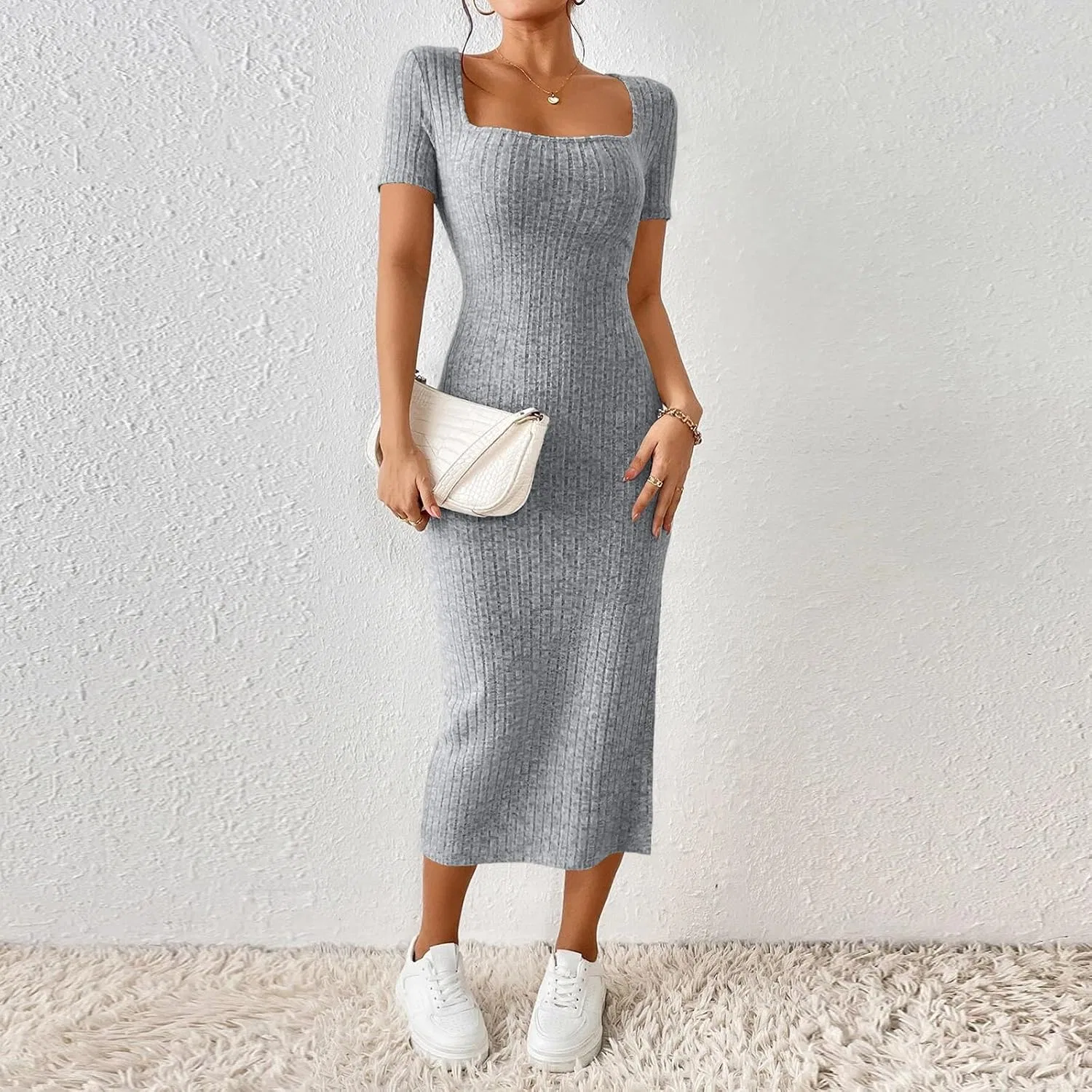 Женское повседневное платье миди с ребристой вязкой Bodycon, Light Gray — фото 3