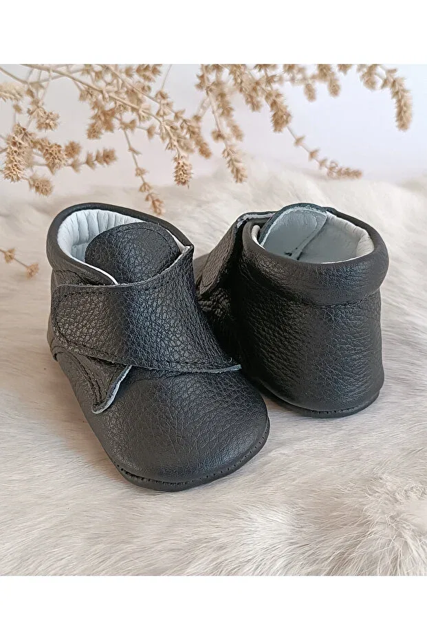 Детские ботинки для новорожденных кожаные с липучками Hodore, Black Flotur — фото 2
