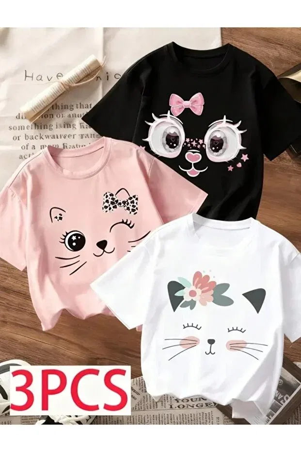 Детский комплект футболок с принтом Elan Wear, Pink + Black + White