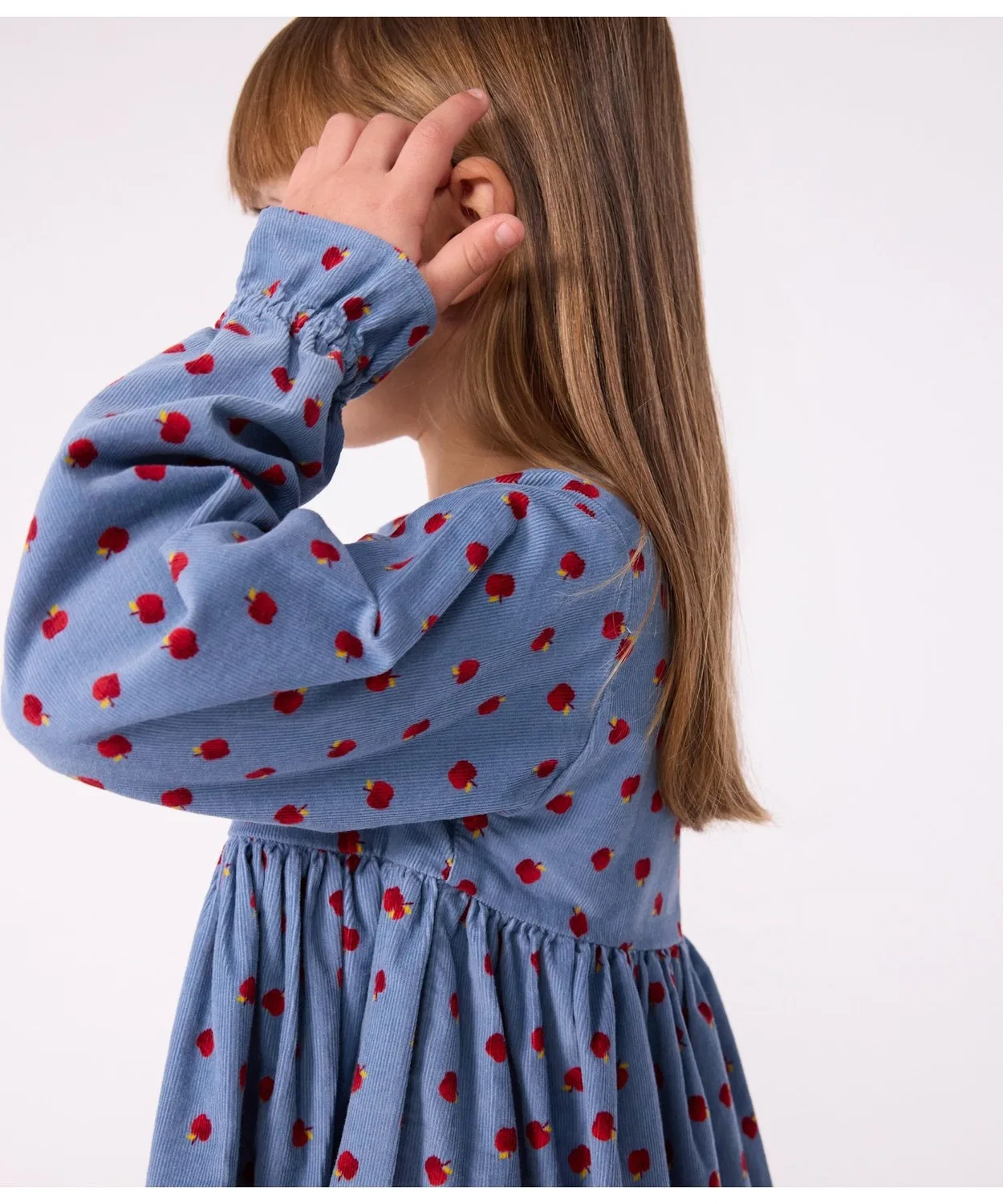 Детское платье для девочек с длинным рукавом с яблочным принтом PETIT BATEAU, Light Blue — фото 2