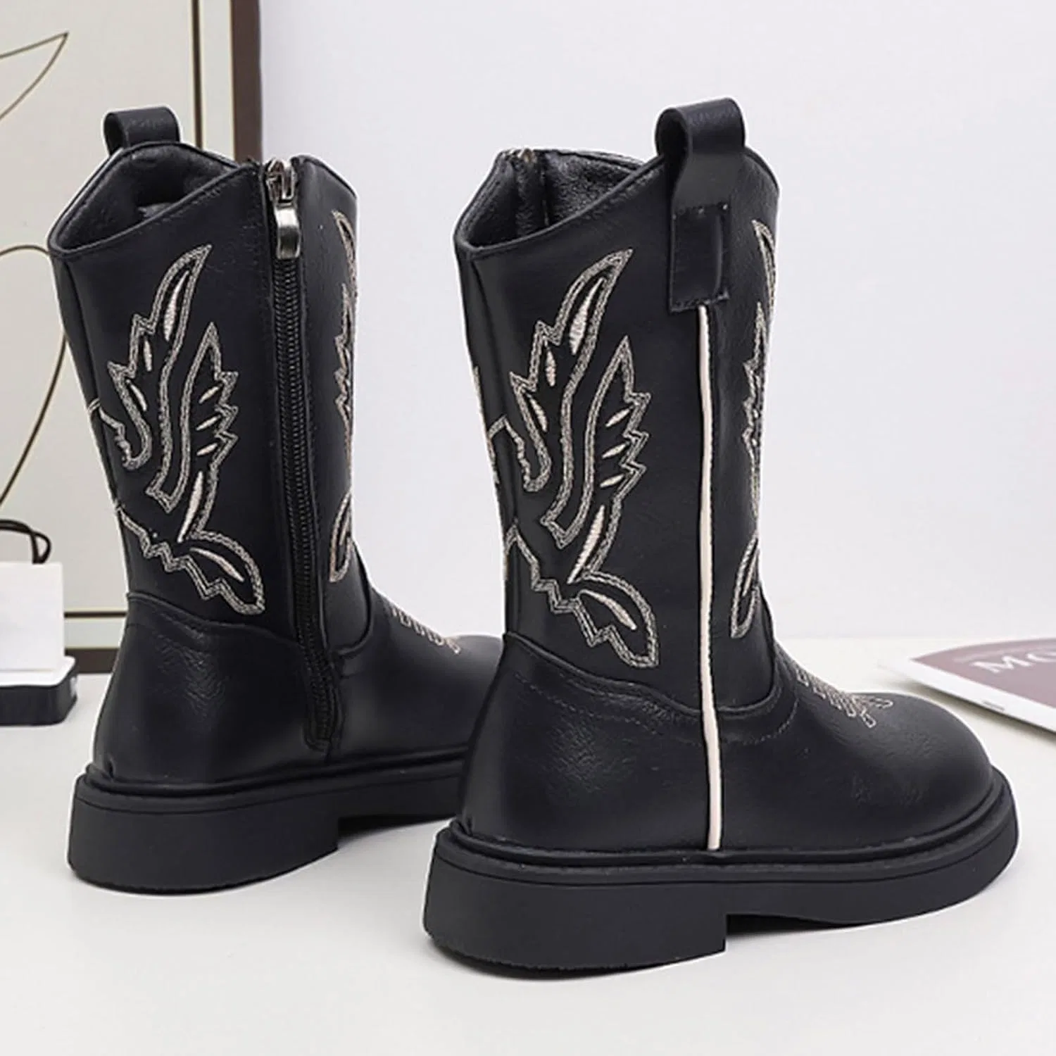 Детские сапоги для девочек с вышивкой Cowboy Boots IWIHMIV, Black — фото 4
