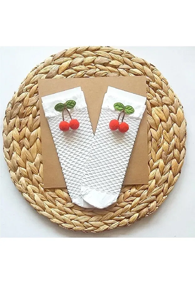 Детские носки-гольфы для девочек с рисунком Baby girl white cherry motif mesh knee socks Asa Bebek Çocuk, White - Red Cherry