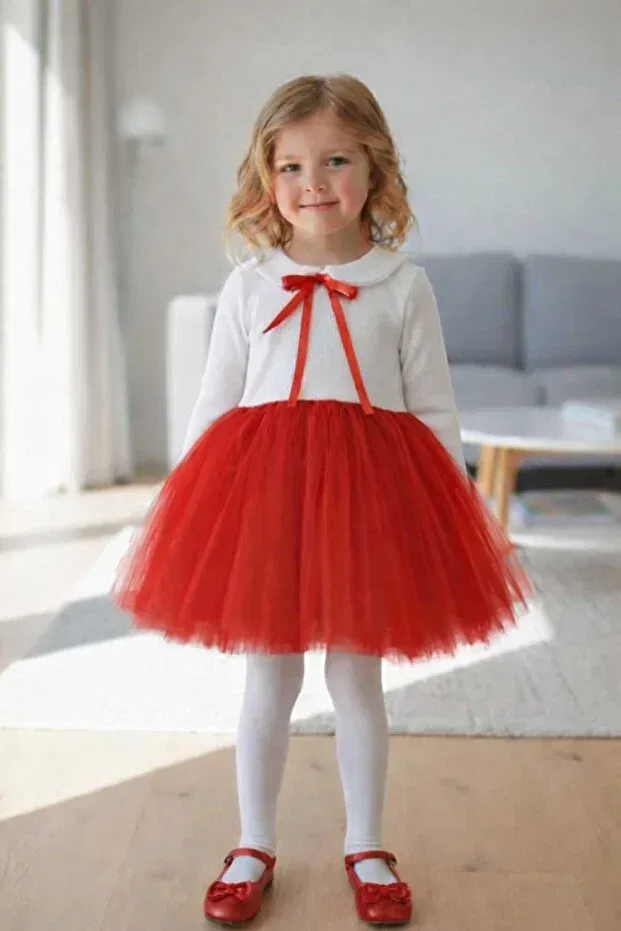 Детское платье для девочек с принтом Perla long sleeve girl's princess fluffy tutu dress baby collar flexible lycra Şirin Şeyler Butiği, Red-White