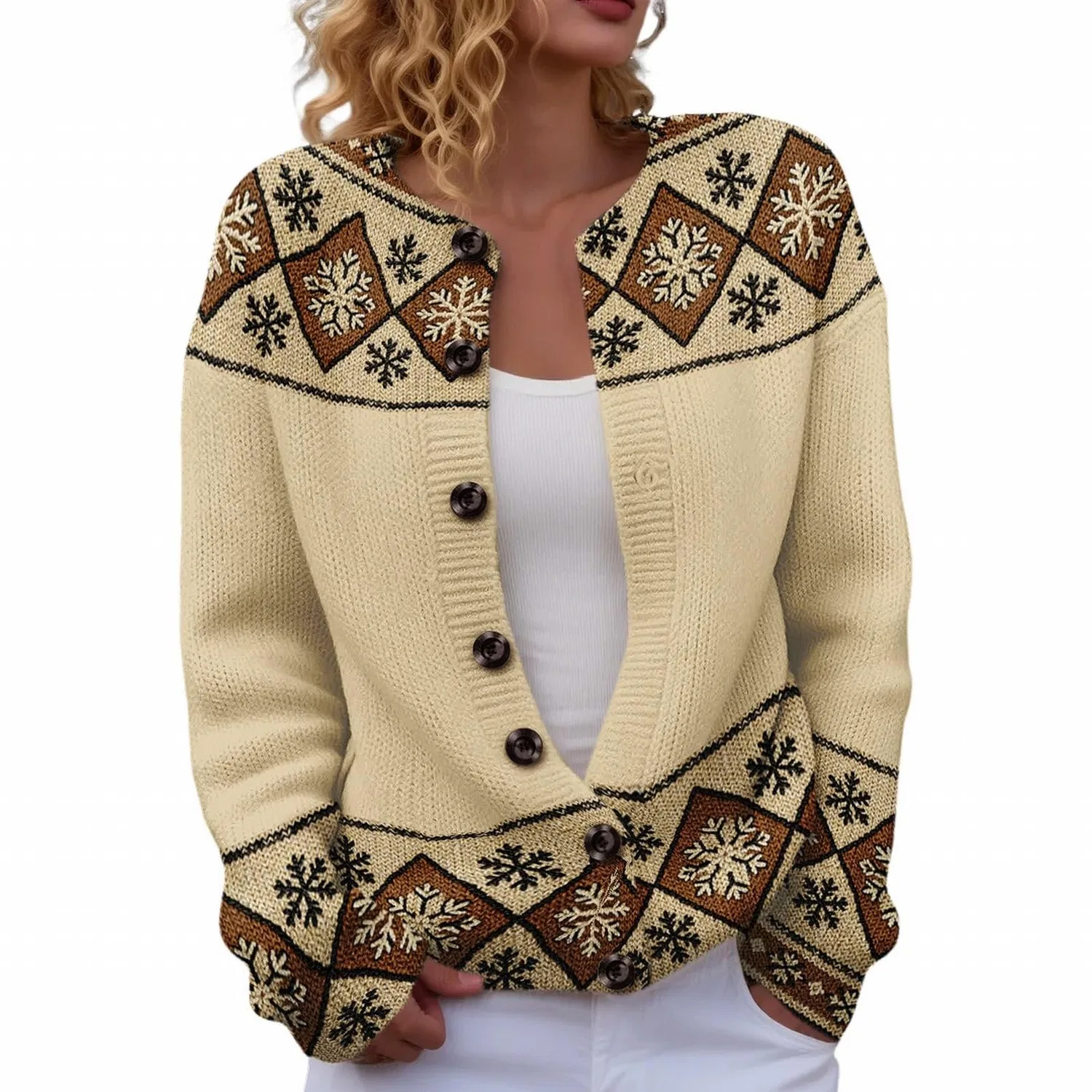 Женский кардиган с принтом Fair Isle, 03#khaki