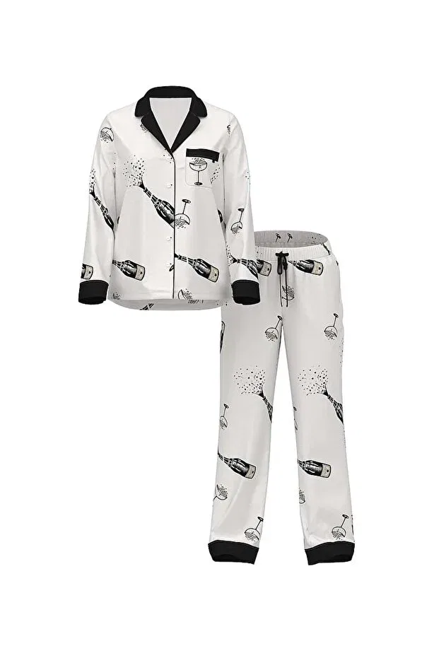 Женский пижамный комплект из сатина с длинным рукавом Victoria'S Secret, White With Champagne Print — фото 3