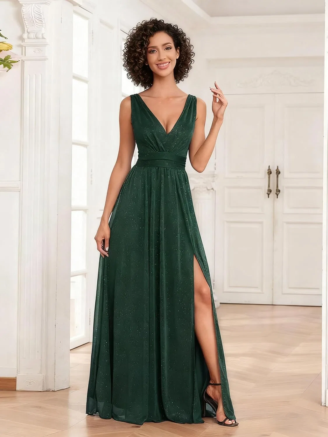 Женское вечернее платье с блестками A-line V-образным вырезом, Navy Blue — фото 4
