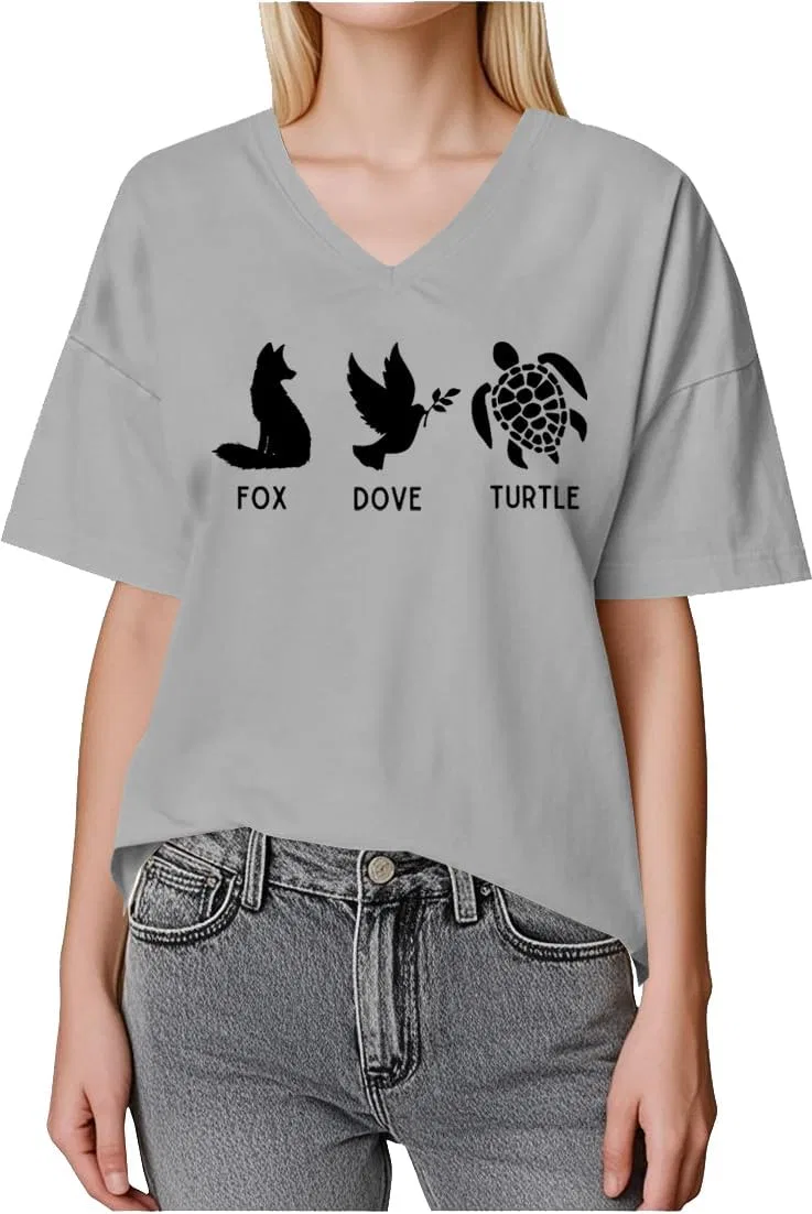 Унисекс футболка с принтом Fox Dove Turtle V-образным вырезом, Grey
