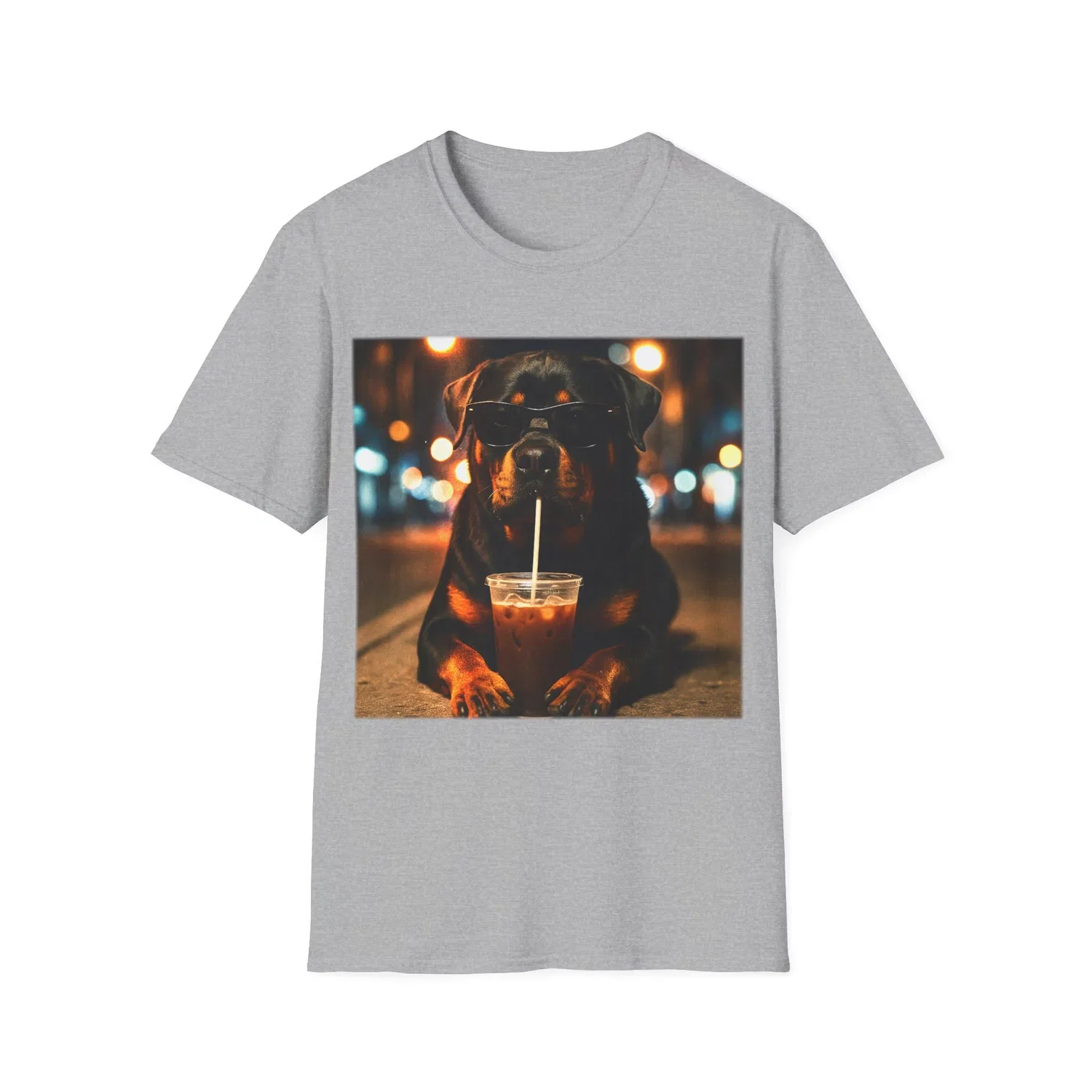 Мужская футболка с принтом Rottweiler che beve caffè ghiacciato, Grigio Chiaro