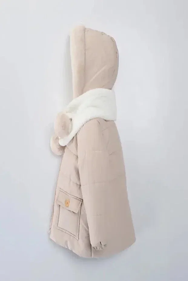 Детское зимнее пальто для девочек с капюшоном из овчины Dekubaby, Beige — фото 2