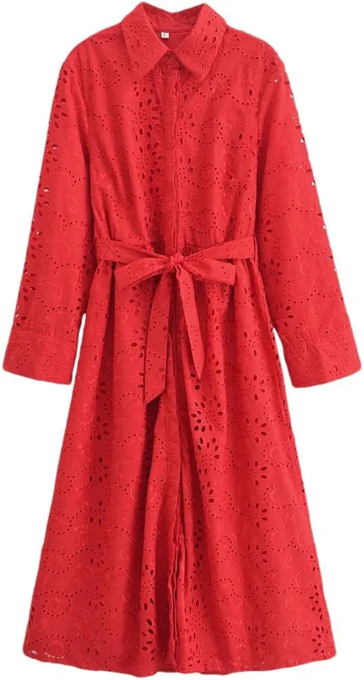 Женское платье длинное с кружевной вышивкой, Red