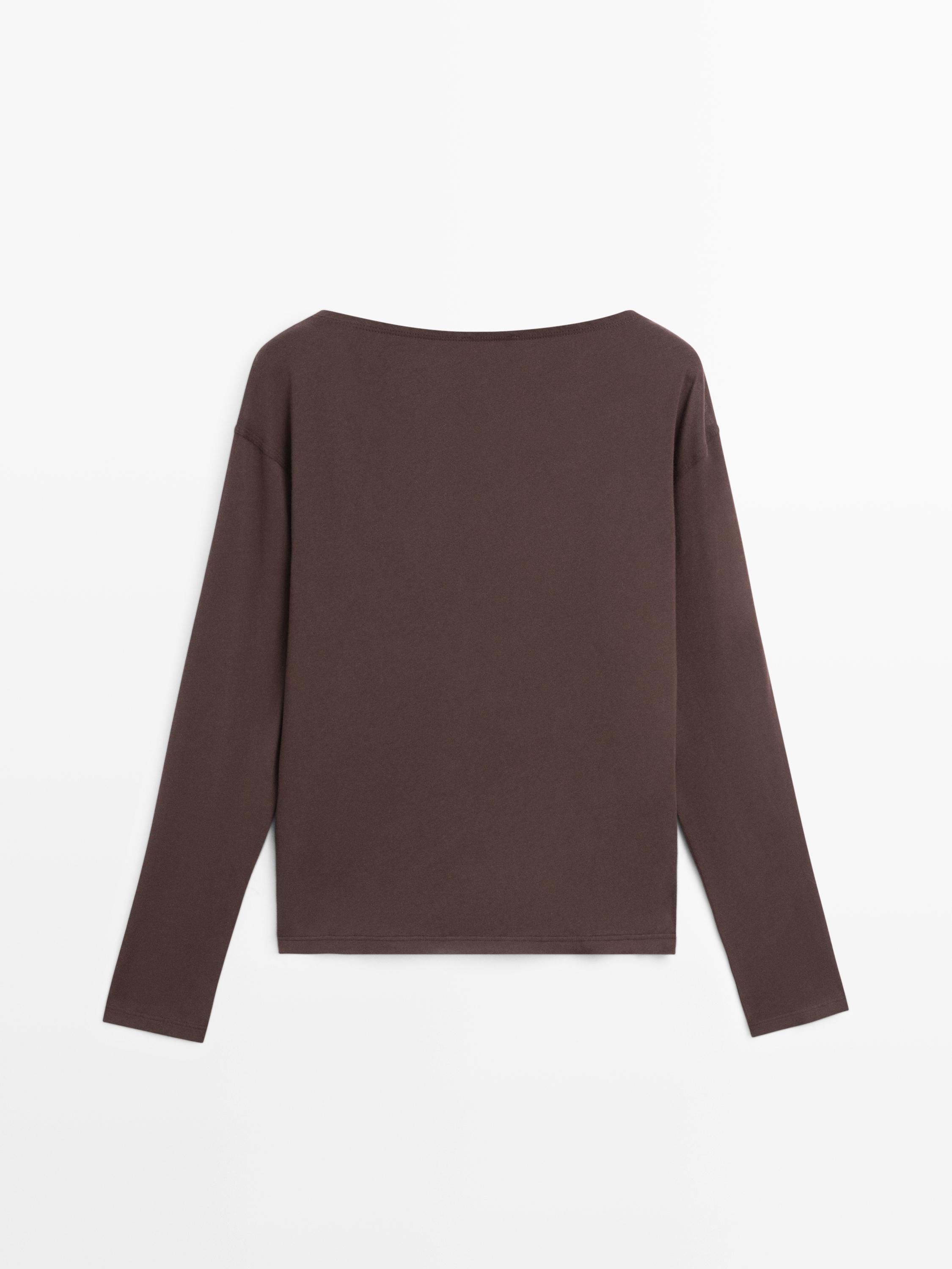 Футболка Massimo Dutti 100% Cotton Boat Neck, коричневый — фото 2