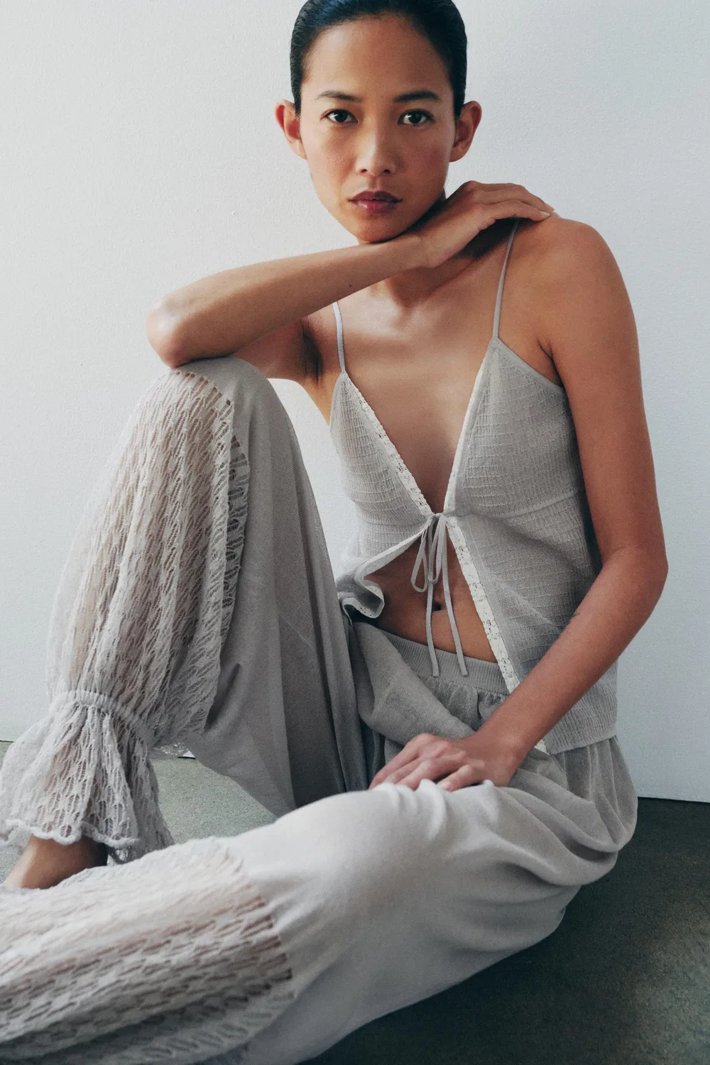 Вязаный топ с эластичной кружевной отделкой ZARA, Grey — фото 4