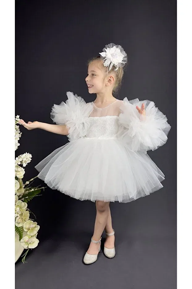 Детское платье для девочек без рукавов с помпонами Delfini Kids, White — фото 3
