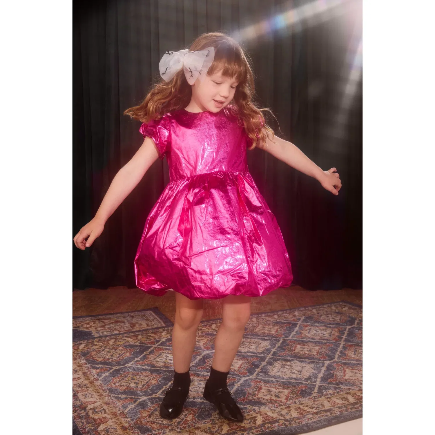 Детское платье для девочек с пышными рукавами Metallic Balloon Skirted Dress Tea Collection, Metallic Pink — фото 2