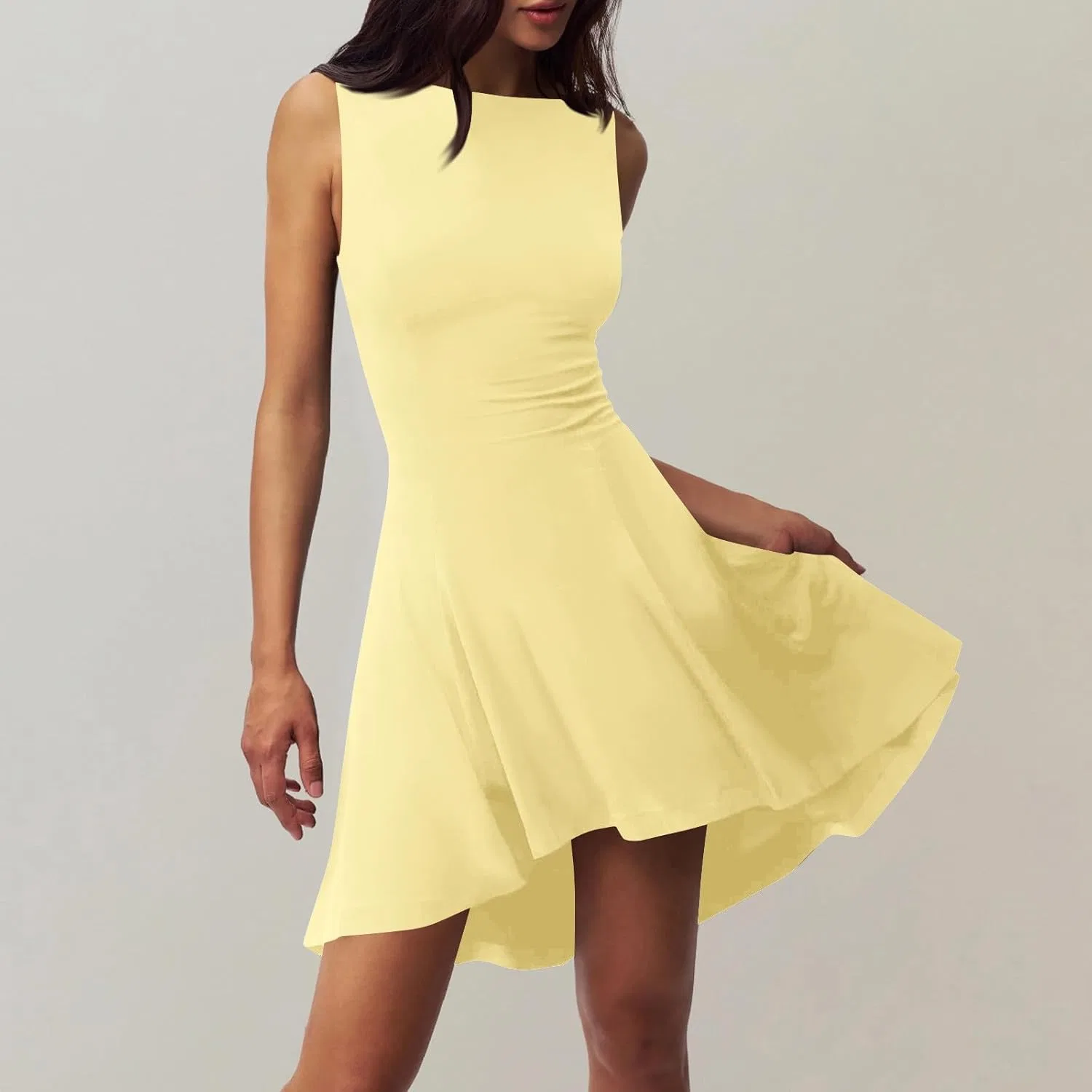 Женское коктейльное мини-платье А-силуэта с лодочкой, Yellow — фото 2