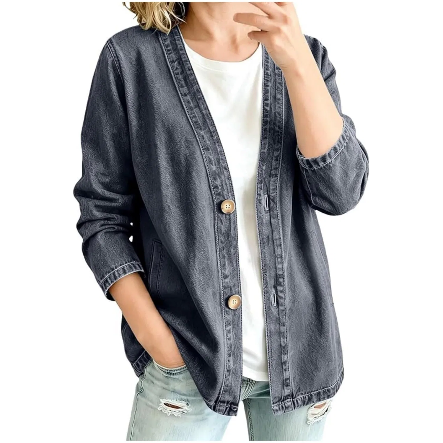 Женская джинсовая куртка с V-образным вырезом и пуговицами, модель Giacca di jeans donna collo V bottoni, Nero — фото 2