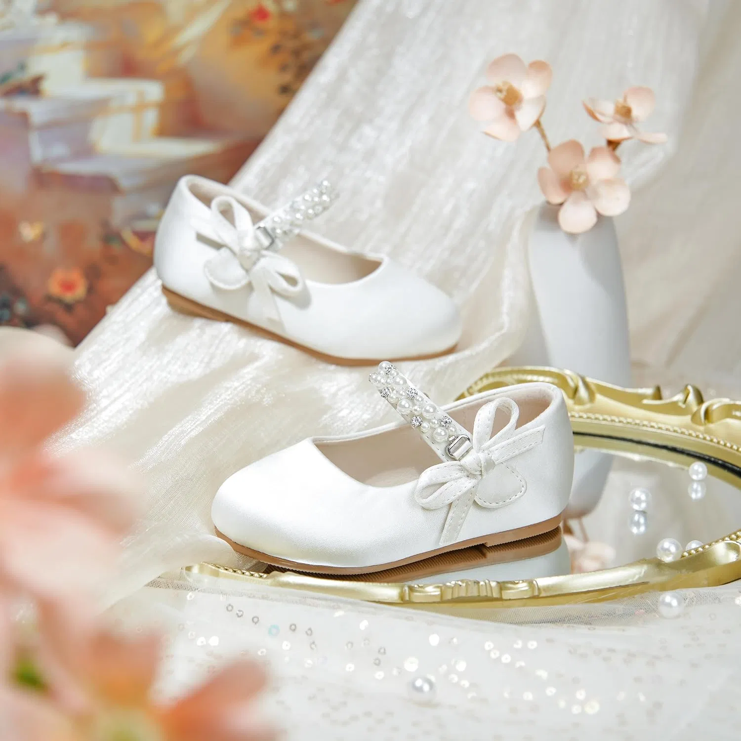 Детские туфли-балетки для девочек с блестками PHIRAMIN, Satin Ivory White — фото 4