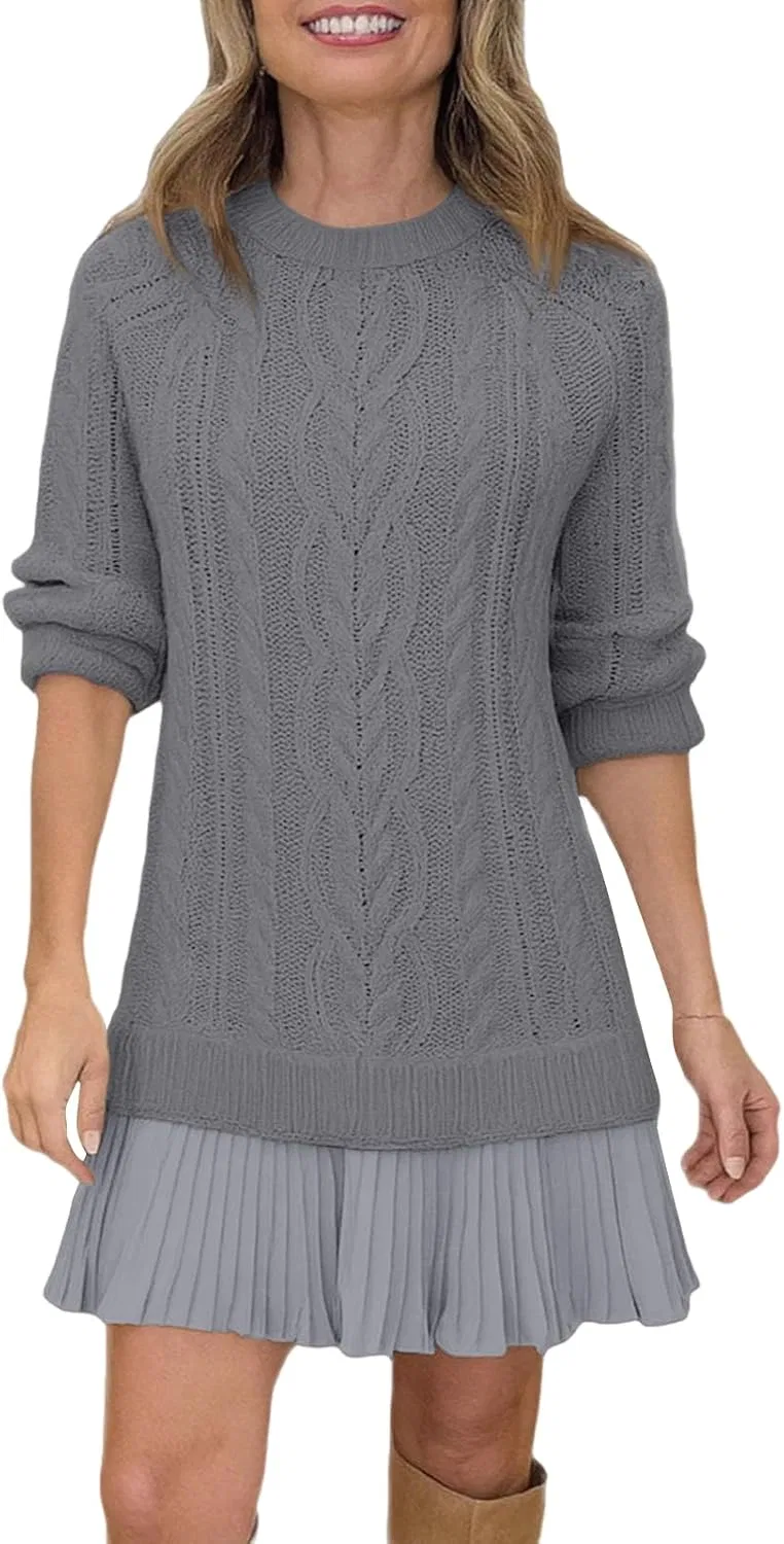 Женское мини-платье свитер с кабельной вязкой Patchwork Twofer, Gray — фото 4