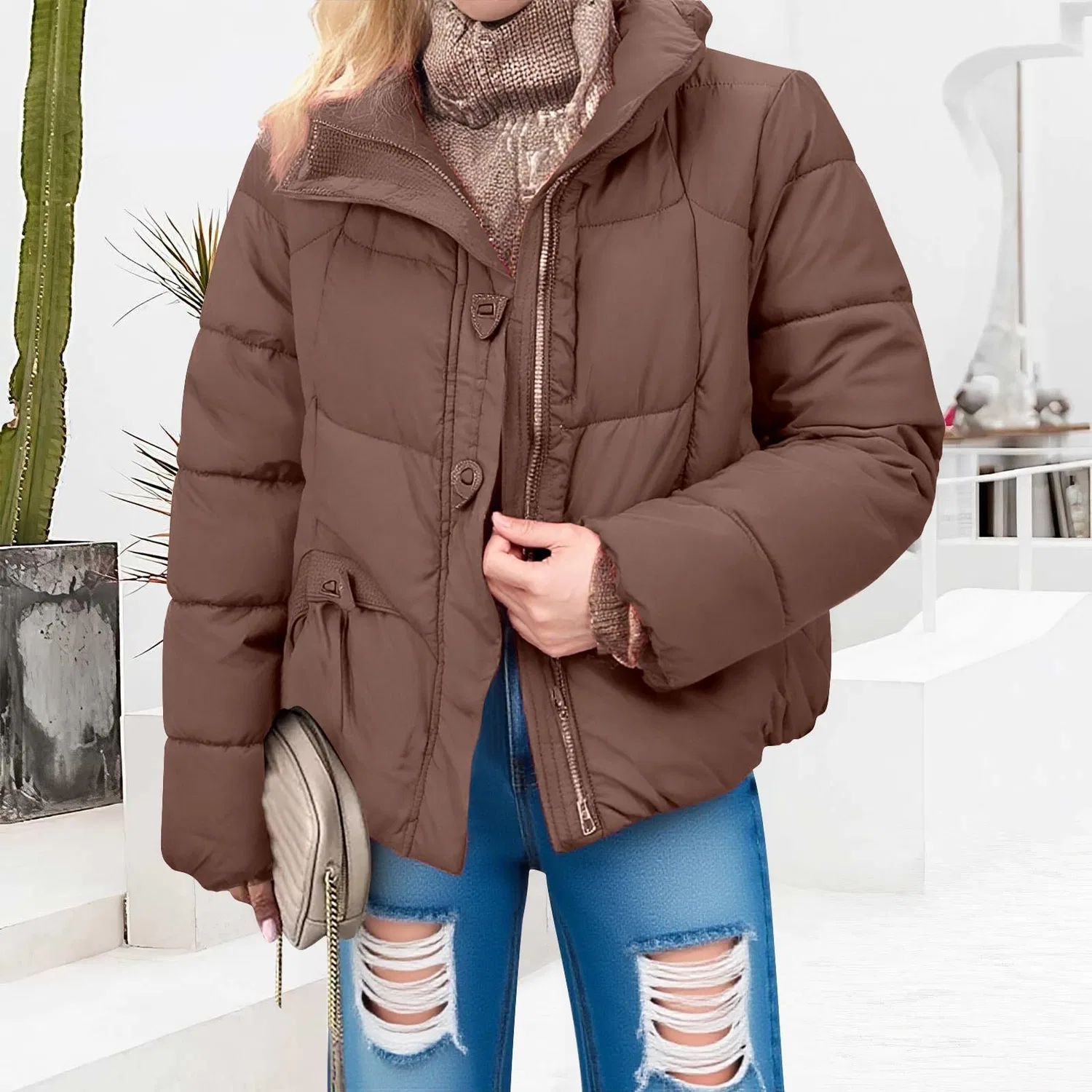 Женское зимнее пальто с принтом, утепленное, с капюшоном, на молнии, с карманами, Caff — фото 2