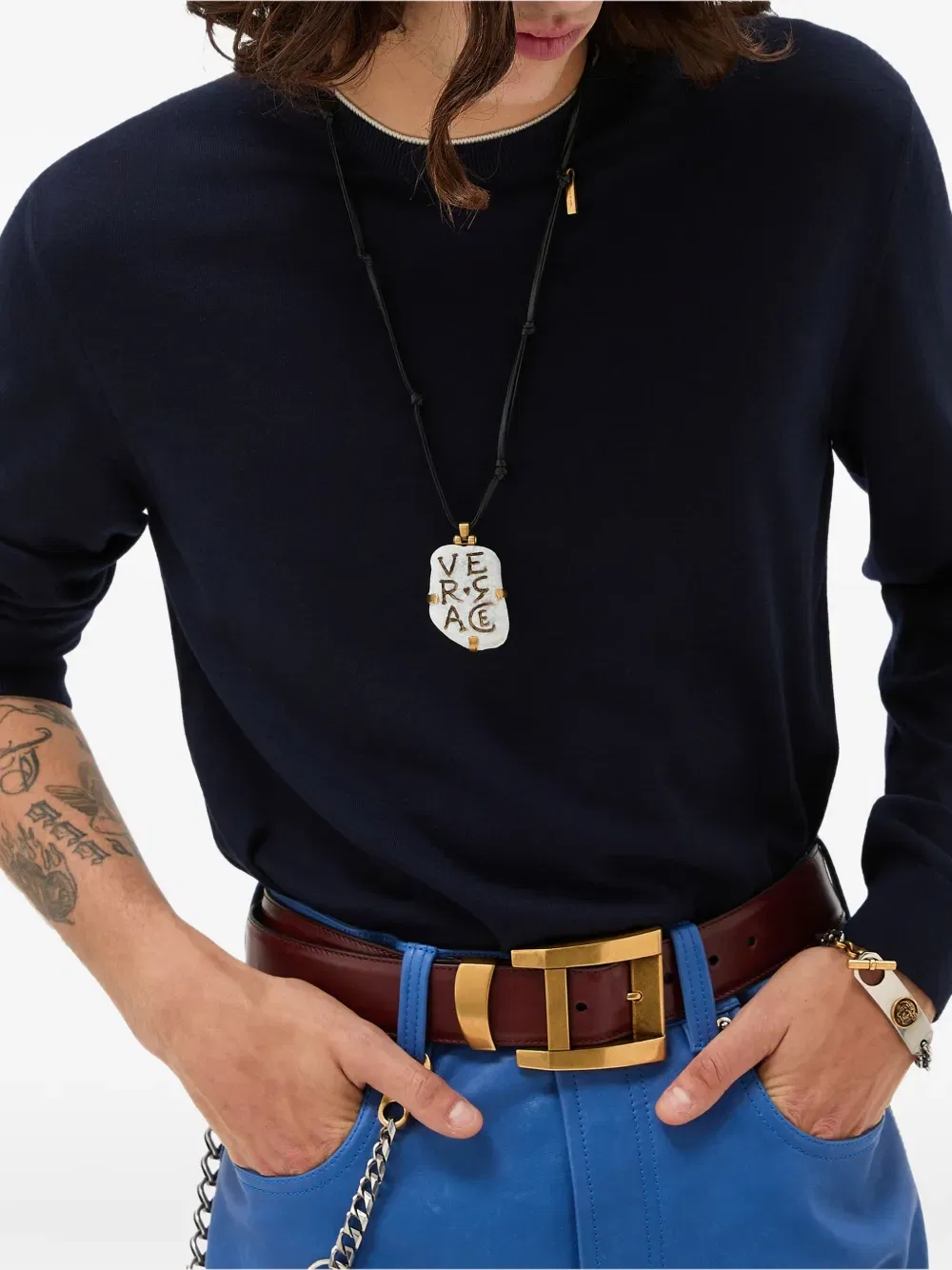 Вышитый шерстяной вязаный свитер с круглым вырезом Versace, синий — фото 2