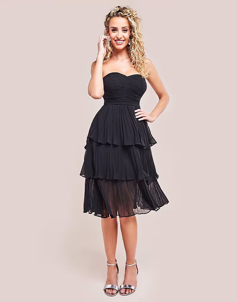 

Платье Goddiva Pleated bandeau bodice chiffon tiered midi in black