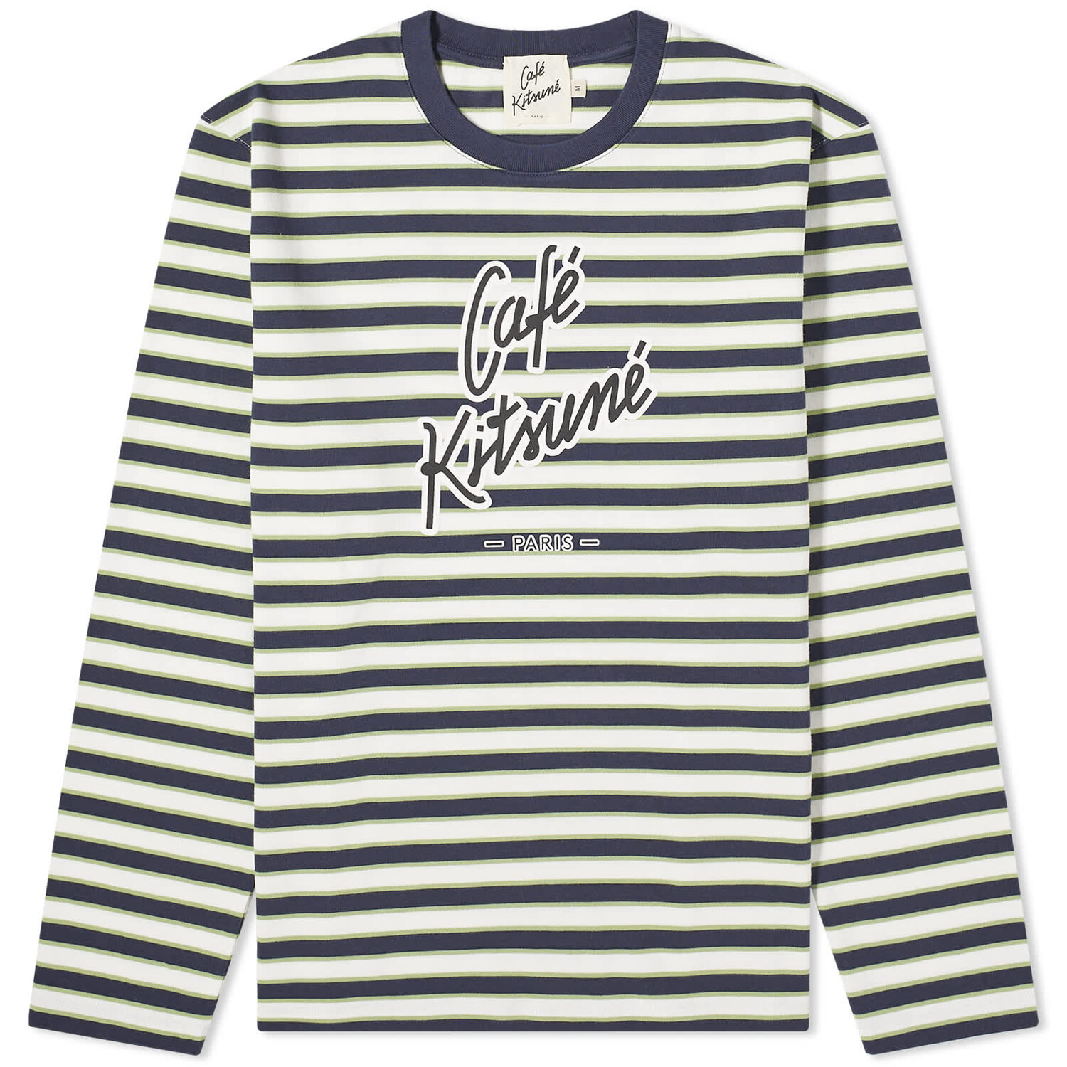 

Футболка Cafe Kitsune Long Sleeve Striped Regular, цвет Navy, White & Matcha Stripes