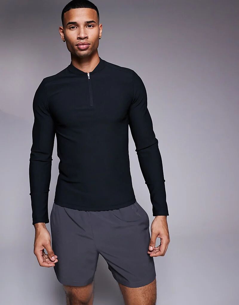 

Спортивный топ Active Rib Slim Fit с длинными рукавами и застежкой-молнией черного цвета ASOS 4505