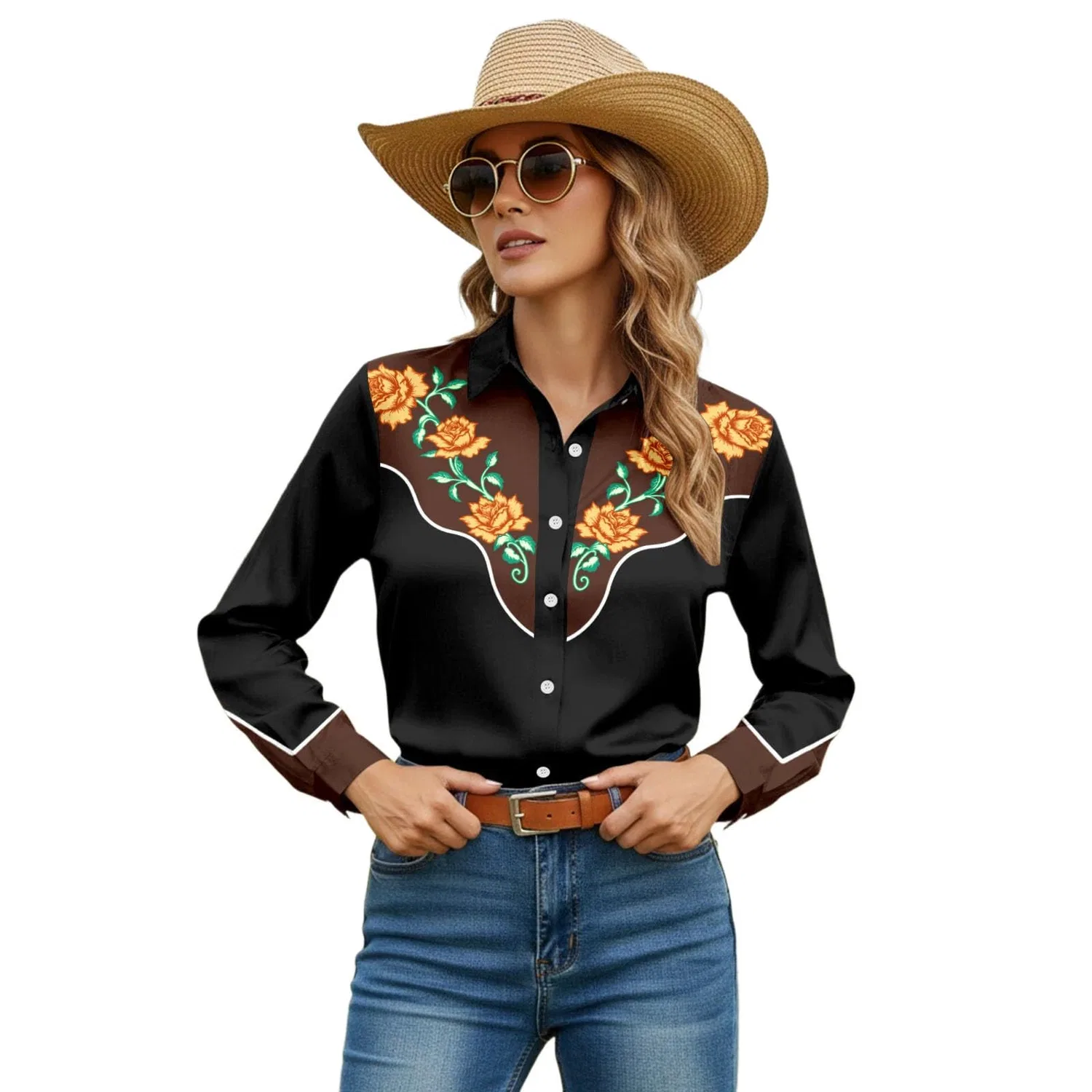 Женская рубашка с длинным рукавом с принтом Western Shirt, Black