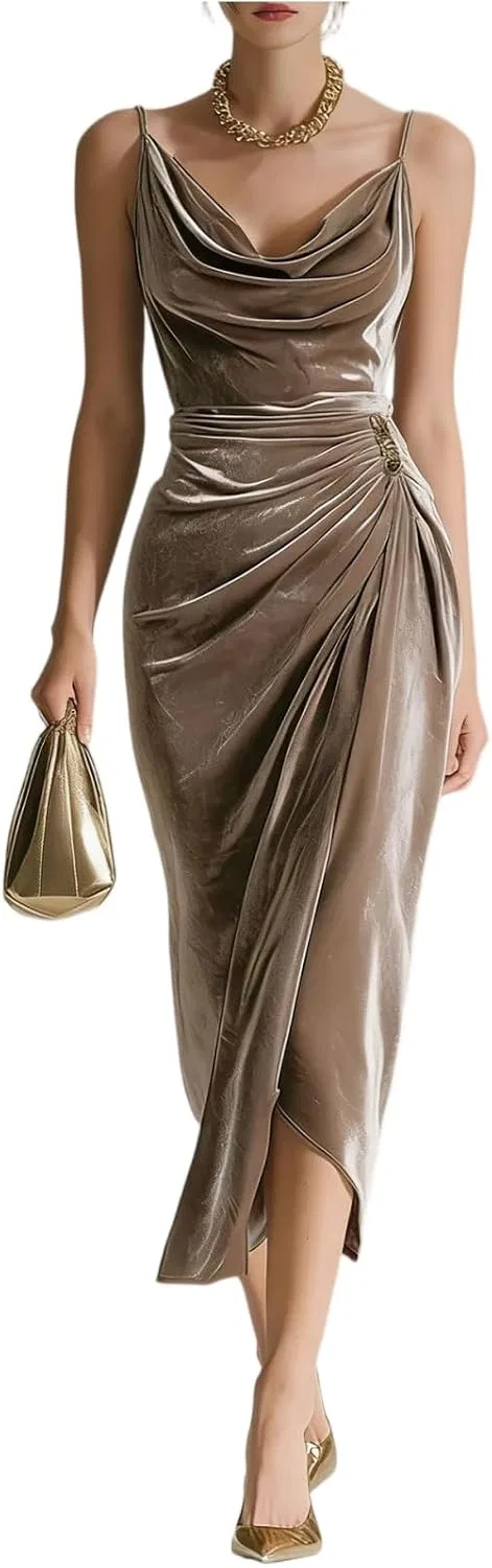 Женское коктейльное платье миди с вельветовым тюлем Bodycon, Khaki