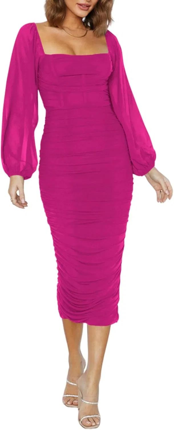 Женское коктейльное платье с квадратным вырезом и завышенной талией, Pink