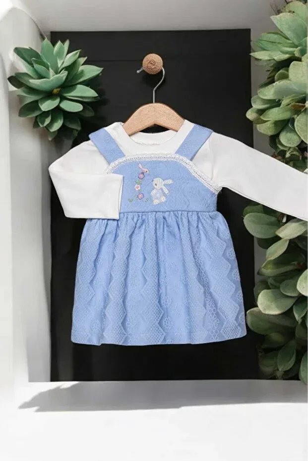 Детское платье для девочек с вышивкой Rabbit Embroidered Badı Pique Dinamik Çocuk, Blue