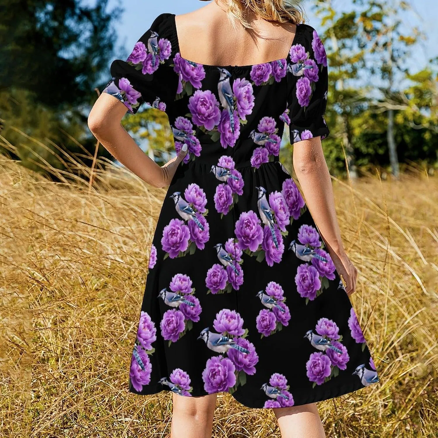 Женское летнее платье-трапеция с цветочным принтом Peony Flower Blue Jay Bird, Style — фото 3