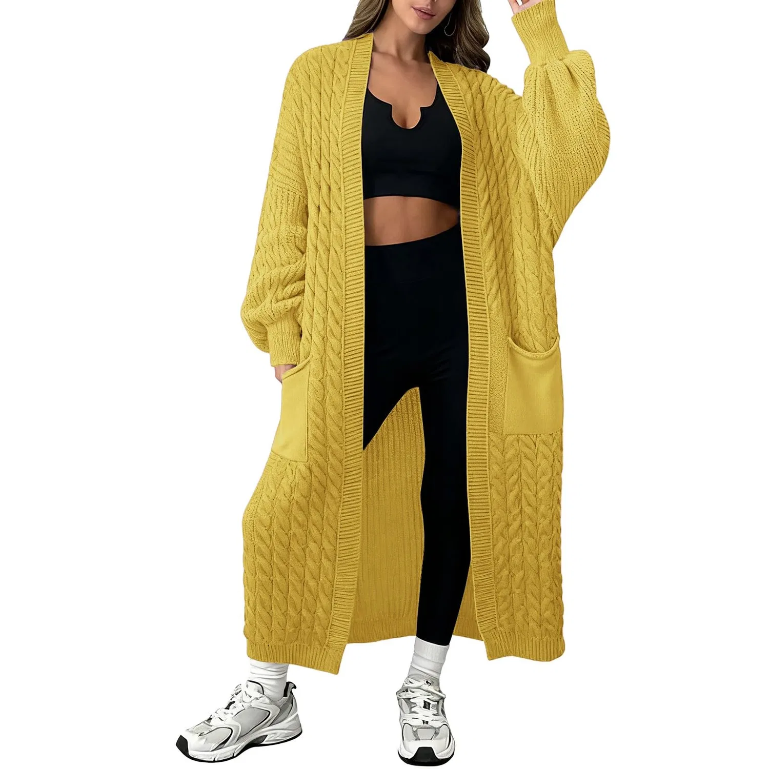 Женский удлиненный кардиган крупной вязки с карманами Plian Elegant Open Front Coat, Giallo