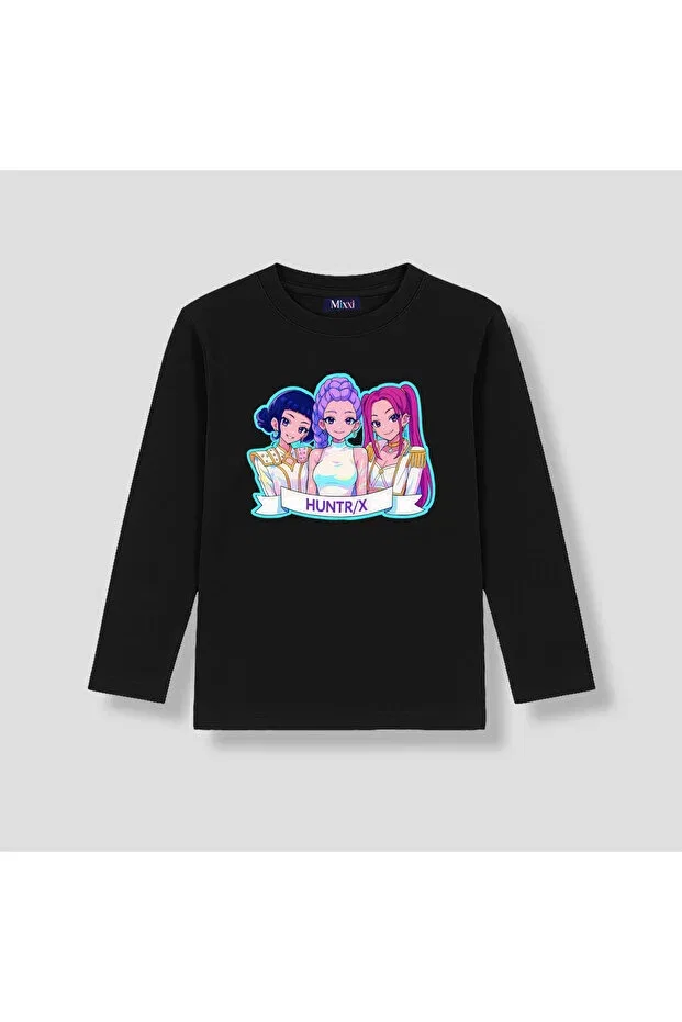 Детская футболка для девочек с принтом Kpop Demon Hunters Huntrix Long Sleeve Printed Girls' T-Shirt Mixxi Fashion, Black